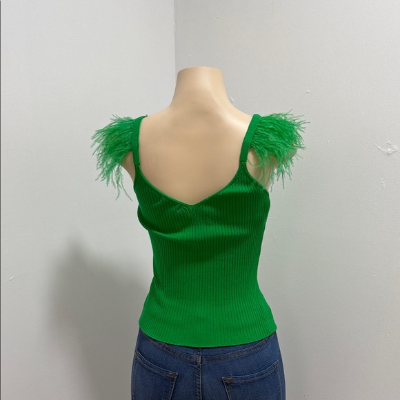 Green Feather-Trimmed Ribbed Top - Picture 4 of 4